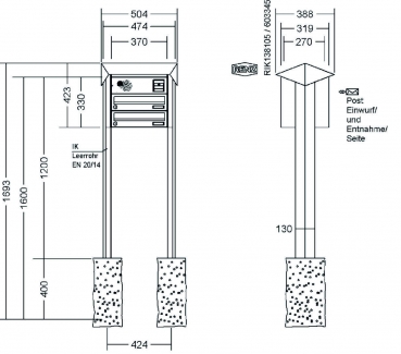 RENZ Briefkastenanlage freistehend, PRISMA, Edelstahl V4A, Kastenformat 370x110x270mm, mit Klingel - & Lichttaster und Vorbereitung Gegensprechanlage, 2-teilig, zum Einbetonieren